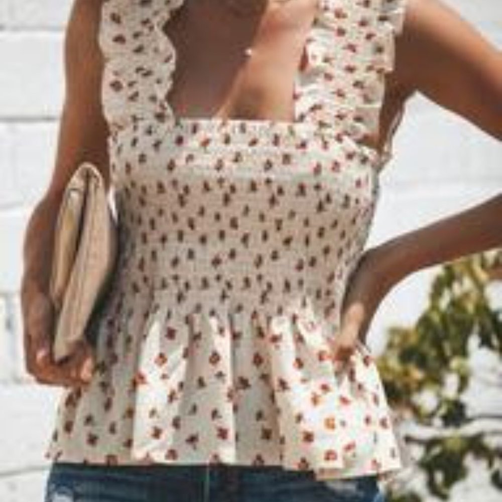 Ruffled Smocked Cream Tank with Red Flowers